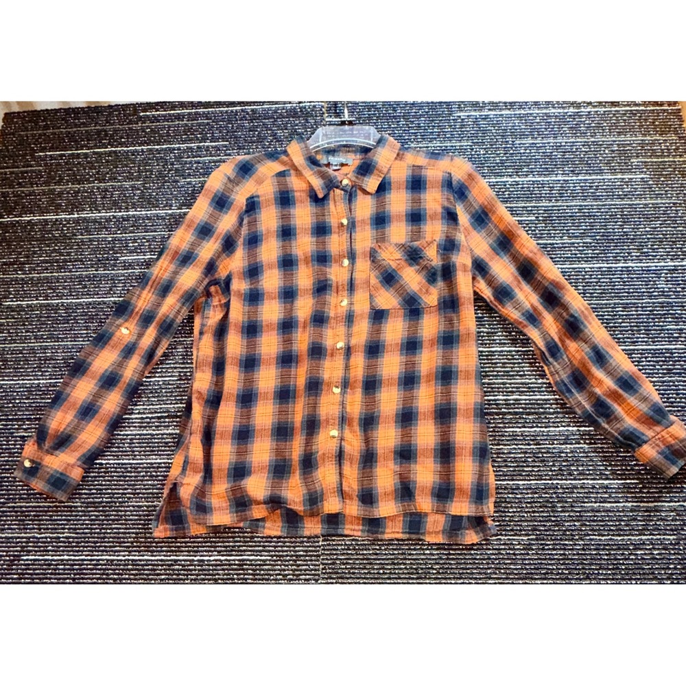 Primark Plaid Button Down Shirt Women 10 Orange Navy Roll Tab Sleeve